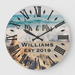 Grande Horloge Ronde Rustique Vintage Personnalisé Océan Bleu Sur Mesu