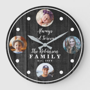 Grande Horloge Ronde Rustique Woodsy Four Photo Family avec citation