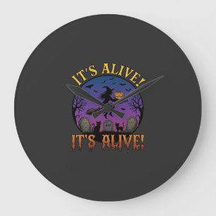 Grande Horloge Ronde Sa Sorcière d'Halloween Citrouille Chat Noir Tombe