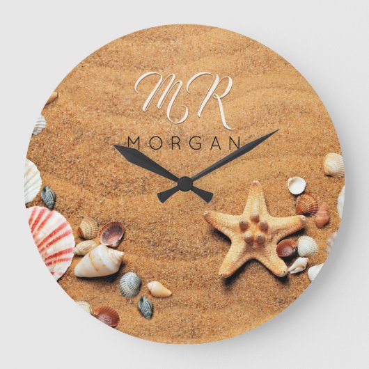 Grande Horloge Ronde Sable & Coquillages, DIY Nom & Monogramme, Écritur (Recto)