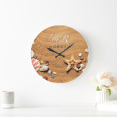 Grande Horloge Ronde Sable & Coquillages, DIY Nom & Monogramme, Écritur (Maison)