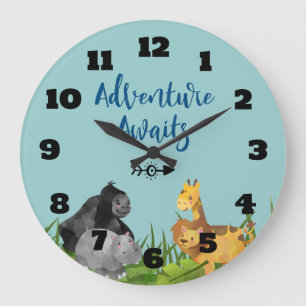Grande Horloge Ronde Safari Jungle Animal Illustration Aventure Attend