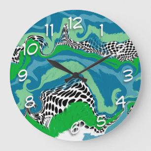 Grande Horloge Ronde Sage Vert, Bleu, Noir et Blanc Liquide Abstrait