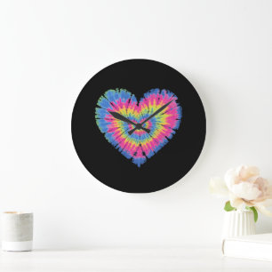 Grande Horloge Ronde Saint-Valentin Tie-Dye Cœurs Colorés Jour