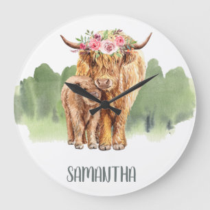 Grande Horloge Ronde Sainte vache Highland Calf Baby Watercolor Salle p