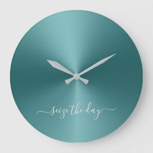 Grande Horloge Ronde Saisir Le Jour Vert Turquoise Style Métallurique 