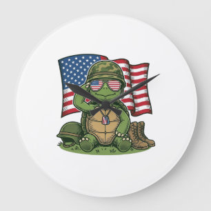 Grande Horloge Ronde Salut de tortue patriotique Vector Design_1
