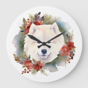 Grande Horloge Ronde Samoyed Christmas Wreath Festive Pup