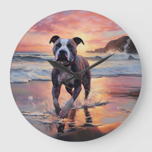 Grande Horloge Ronde Sandy American Staffordshire Dog on Beach Sunset