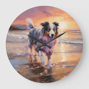 Grande Horloge Ronde Sandy Australian Shepherd Dog on Beach Sunset