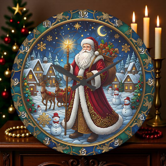 Grande Horloge Ronde Santa Claus Stained Glass Holiday Scene