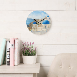 Grande Horloge Ronde Santorin Grèce Aquarelle Église à Dôme Bleu Art
