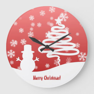 Grande Horloge Ronde Sapin de Noël blanc et bonhomme de neige