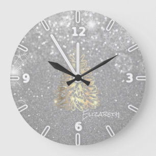 Grande Horloge Ronde Sapin de Noël en Or, Paillettes Argentées - Person