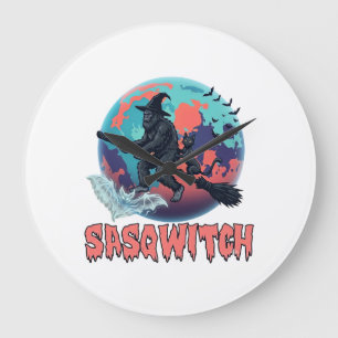 Grande Horloge Ronde Sasqwitch Bigfoot Sorcière Balai Chat Noir Lune Ha