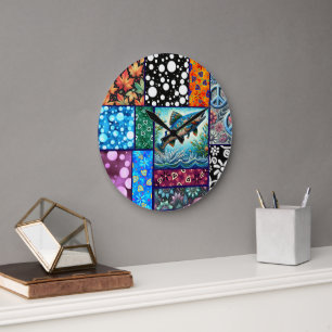 Grande Horloge Ronde Saumon Patchwork Floral Fou Coloré
