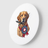Grande Horloge Ronde Sauvetage de Golden Retriever Patriotique Vintage (Angle)