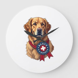 Grande Horloge Ronde Sauvetage de Golden Retriever Patriotique Vintage
