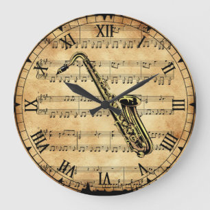 Grande Horloge Ronde Saxophone~Vintage Sheet Music Arrière - plan~Uniq