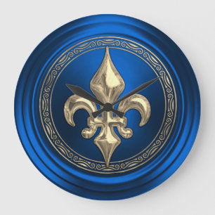 Grande Horloge Ronde Sceau d'enveloppe Fleur de Lis bleu et or