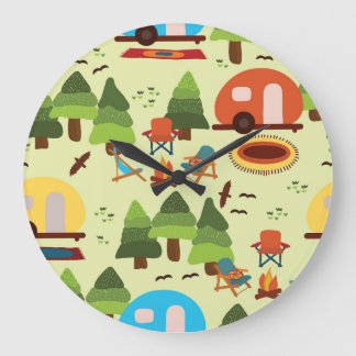 Grande Horloge Ronde Scène de camping, motif vintage sans soudure