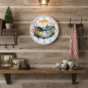 Grande Horloge Ronde Scène de montagne à l'aquarelle