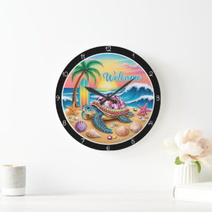 Grande Horloge Ronde Scène Tropical Turtle Beach Timepiece