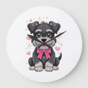 Grande Horloge Ronde Schnauzer Mignon Avec Nœud Rose Entouré de Cœurs