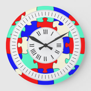 Grande Horloge Ronde Scie rouge, bleue et blanche avec heures et minute