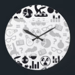 Grande Horloge Ronde Science pour les Black and White<br><div class="desc">science, scientist, chemistry, nerd, laboratory, black and white, nerdy, pattern, for students, mad scientist, cartoon, graphic, bold, solution, reaction, microscope, medical, biology, physics, dna, cells, universe, theory, discovery, geek, lab, university crash scientist, sagan, question, mark, einstein,  expereray, brain, school, université, nerdy kids</div>