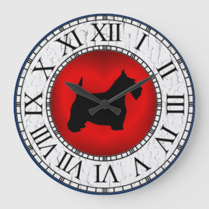 Grande Horloge Ronde Scottie noir sur le coeur, peinture criquée