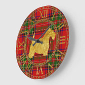 Grande Horloge Ronde Scottish Terrier Gold et Plaid (Angle)