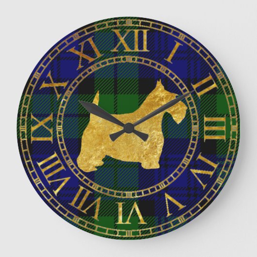 Grande Horloge Ronde Scottish Terrier Gold et Plaid (Recto)
