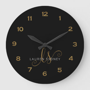 Grande Horloge Ronde Script Noir Et Or Moderne Monogramme