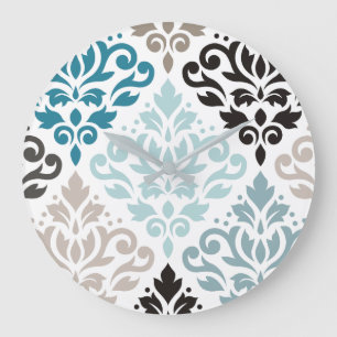 Grande Horloge Ronde Scroll Damask XLg Motif Art Teals Browns White