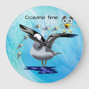 Grande Horloge Ronde Seagull Bird Fish Ocean Wave Clock