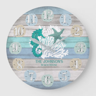 Grande Horloge Ronde Seahorse and Beach Wood Nautical - Blue Teal Large