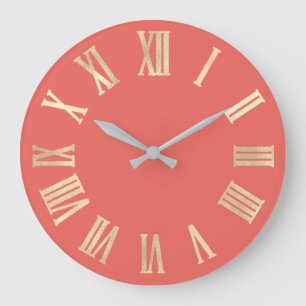 Grande Horloge Ronde Sepia Gold Coral  Metallic Silver Roman Numbers