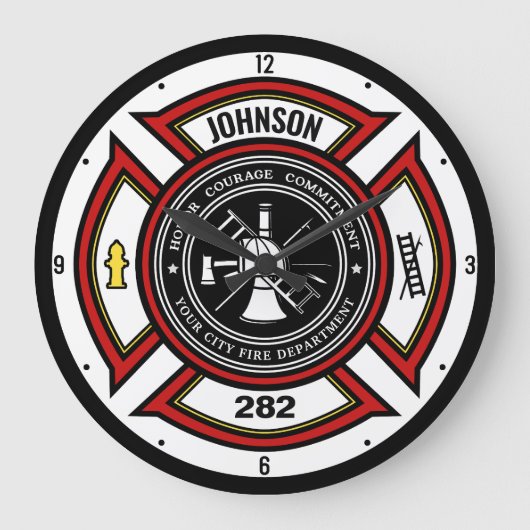 Grande Horloge Ronde Service d'incendie AJOUTER LE NOM Pompier Insigne  (Recto)