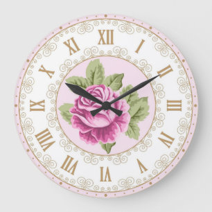 Grande Horloge Ronde Shabby Chic Français Vintage Or Rose Magenta Rose
