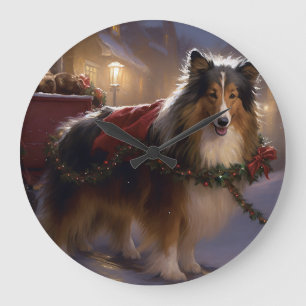 Grande Horloge Ronde Sheltie Saison des Fêtes de Noël