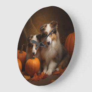 Grande Horloge Ronde Shetland Sheepdog Chiot Chiot Automne Citrouille d