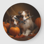 Grande Horloge Ronde Shetland Sheepdog Chiot Chiot Automne Citrouille d (Recto)