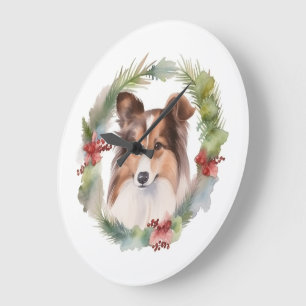 Grande Horloge Ronde Shetland Sheepdog Christmas Wreath Festive Pup
