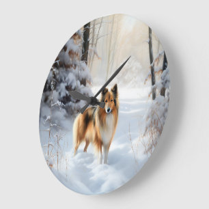 Grande Horloge Ronde Shetland Sheepdog Laissez tomber la neige Noël