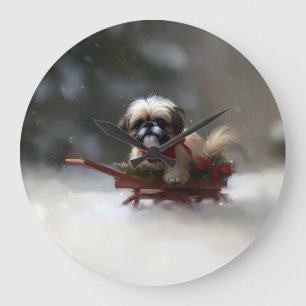 Grande Horloge Ronde Shih Tzu Noël neige hiver