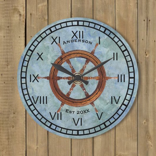 Grande Horloge Ronde Ship's Helm Nautical Wall Clock Blue