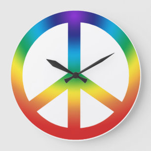 Grande Horloge Ronde Signe de la paix aux couleurs de l'arc-en-ciel