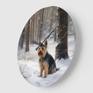 Grande Horloge Ronde Silencieux Terrier Laisser Il Neige Noël