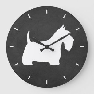 Grande Horloge Ronde Silhouette blanche de Terrier d'écossais